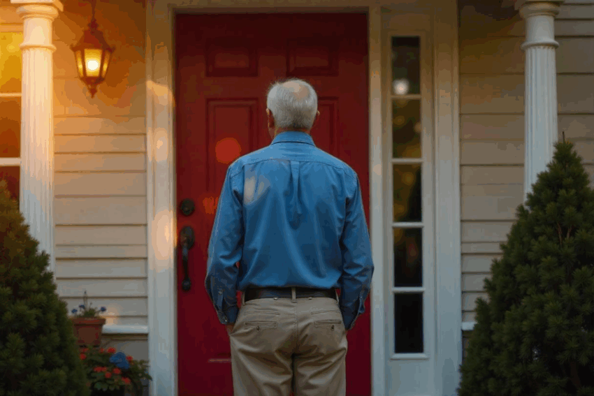 Homem à porta de casa. Crédito: Freepik AI