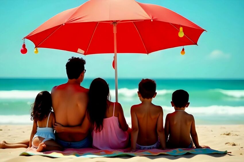 Família debaixo do guarda-sol na praia. Crédito: Freepik