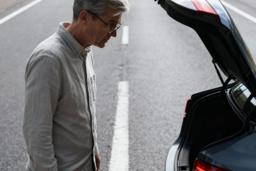 Homem a verificar a bagageira.