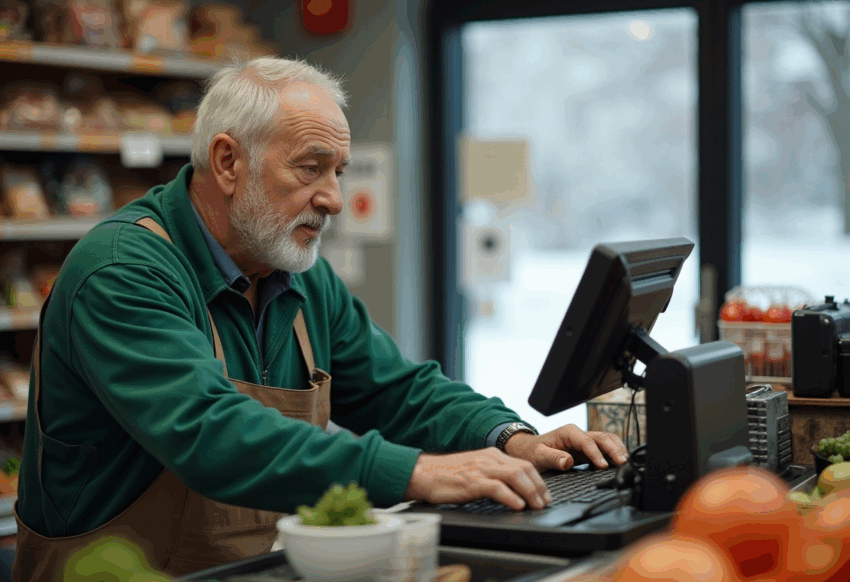 Funcionário supermercado idoso. Crédito: Freepik AI