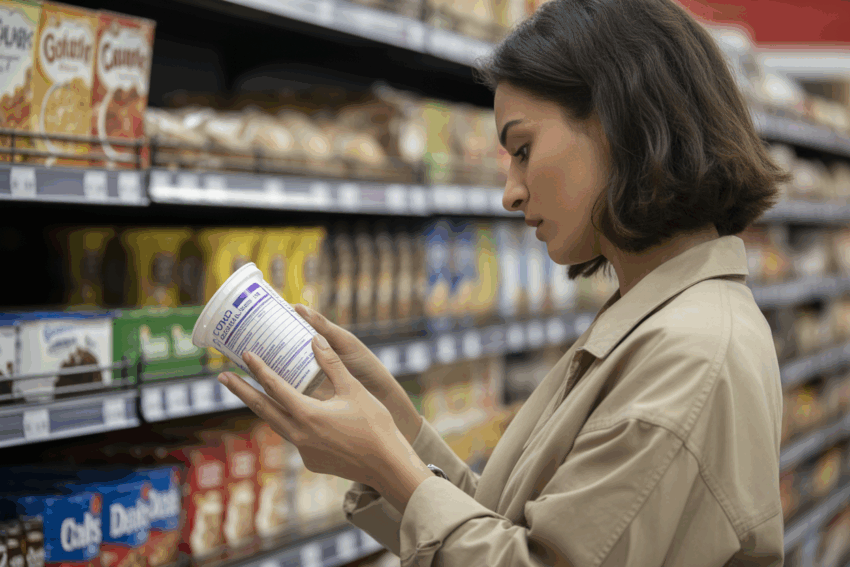 Consumidora a ler um rótulo. Créditos: Freepik AI