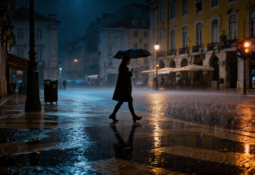 Dia chuvoso em Portugal com pessoa a andar pela rua. Crédito: Freepik AI