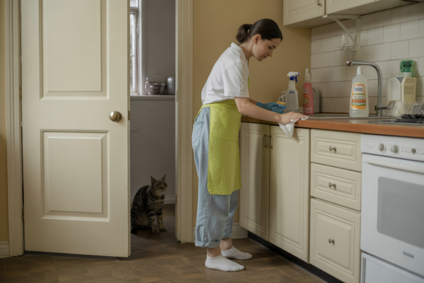 Limpar a bancada da cozinha. Crédito: Freepik AI