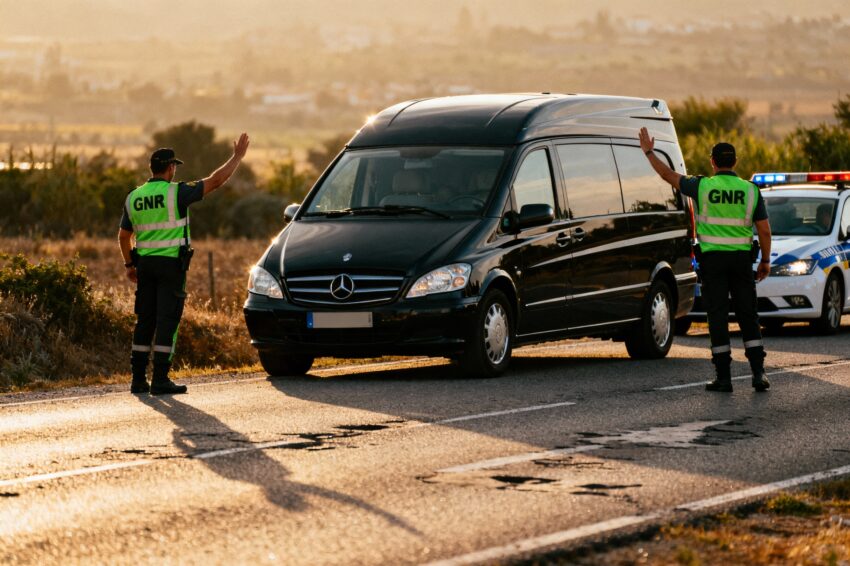 Agentes da GNR a fiscalizar carrinha funerária. Crédito: Freepik AI