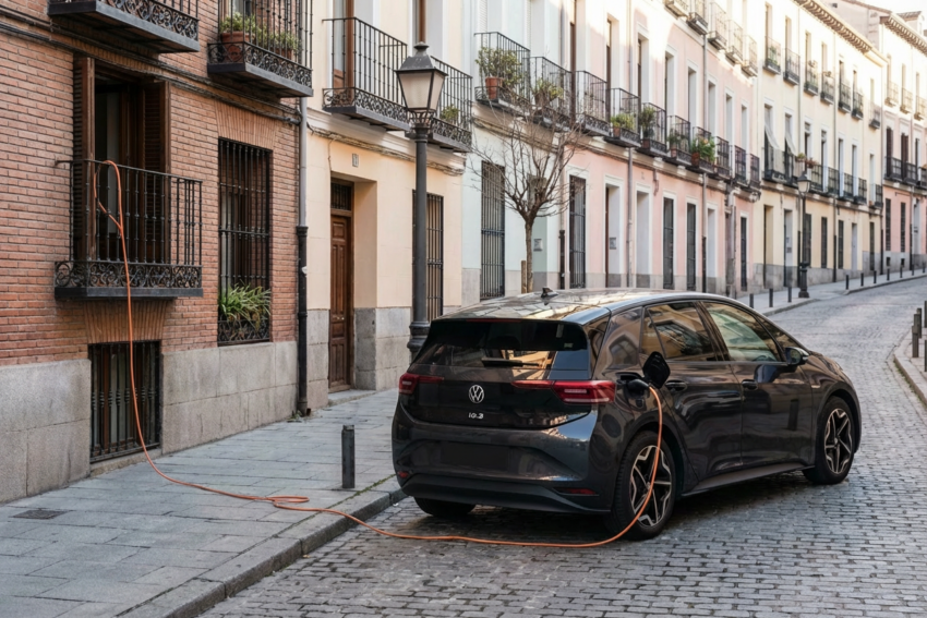 Carro elétrico a ser carregado a partir de uma varanda no 1.º andar. Crédito: Freepik AI