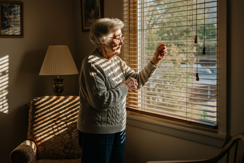 Idosa a fechar a persiana da janela.