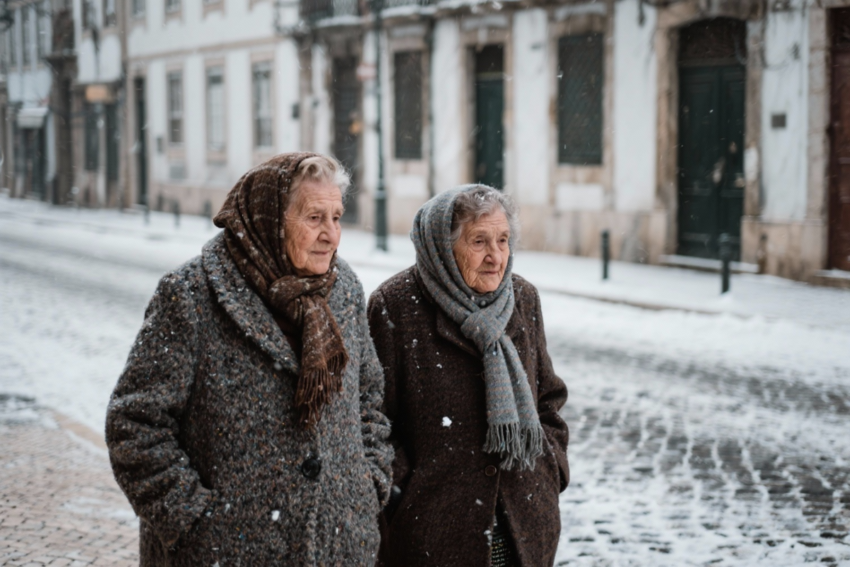 Idosas na rua com frio. Crédito: Freepik AI