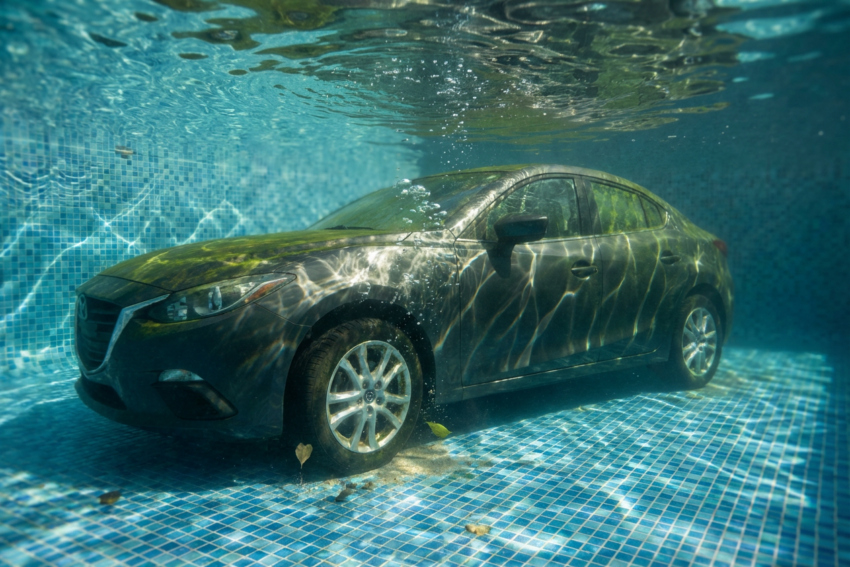 Carro no fundo duma piscina. Crédito: Freepik AI