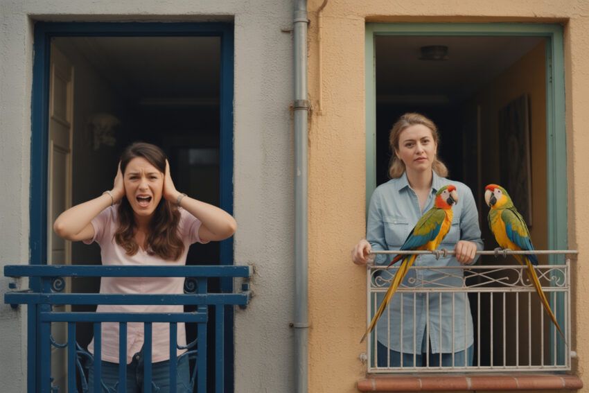 Mulher incomodada com papagaios da vizinha. Crédito: Freepik AI