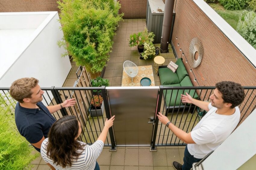 Moradores a observar porta metálica em pátio comum. Crédito: Freepik AI