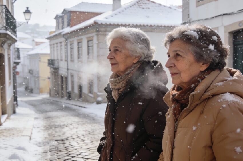 Idosas na rua com frio. Crédito: Freepik AI