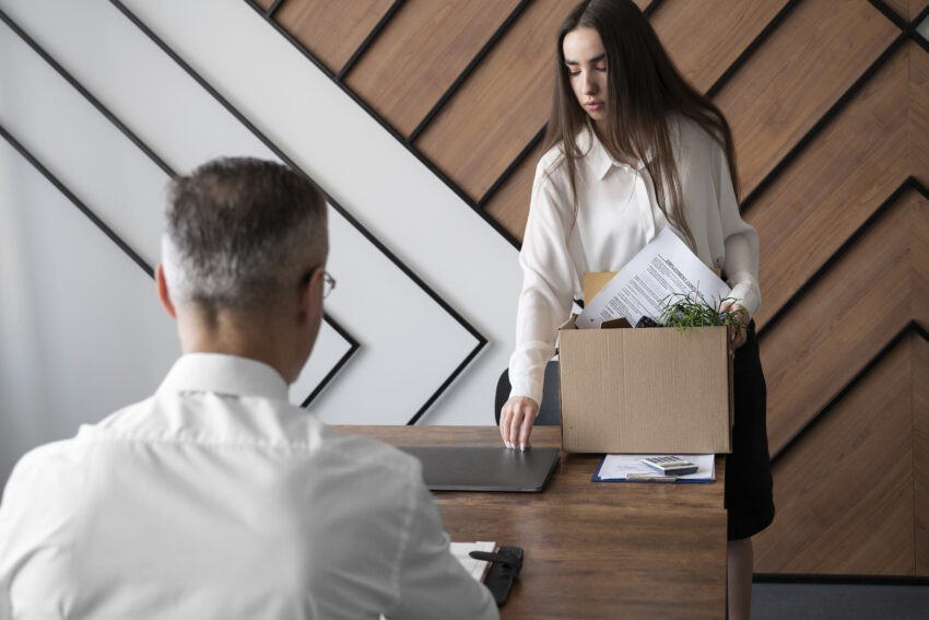 Mulher despedida a arrumar caixa de pertences. Crédito: Freepik
