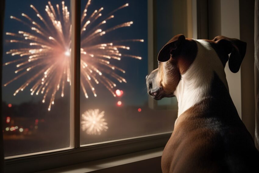 Cão a observar fogos de artifício. Crédito: Freepik AI
