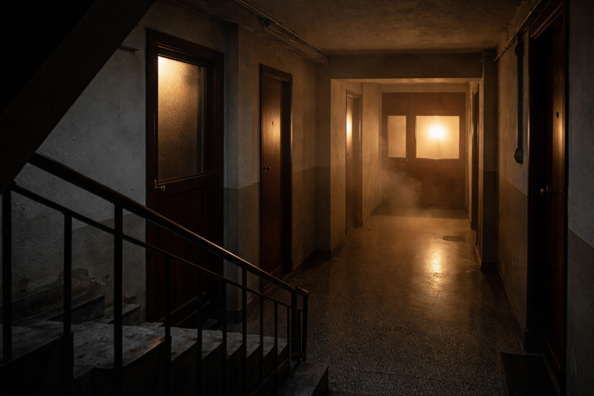 Fumo a sair de uma porta para o corredor de um prédio residencial. Crédito: Foto AI