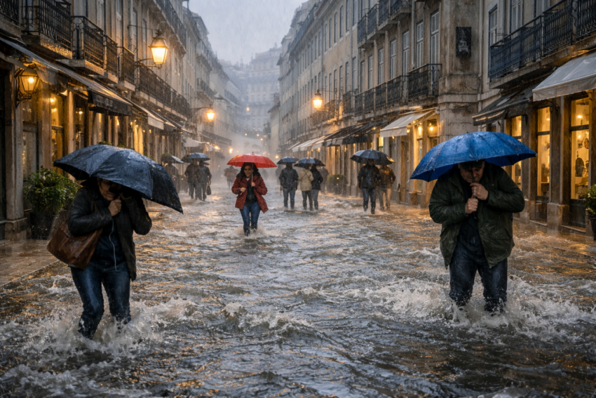 Pessoas a andar numa rua inundada. Crédito: Foto AI