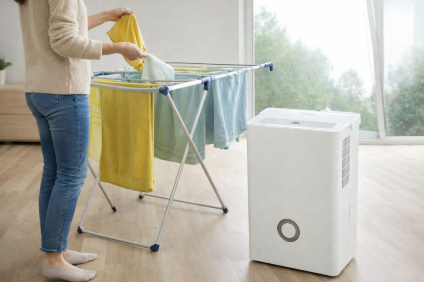 Mulher a usar desumidificador. Crédito: Foto AI