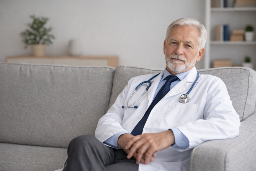 Médico sentado com ar descontraído. Crédito: Foto AI