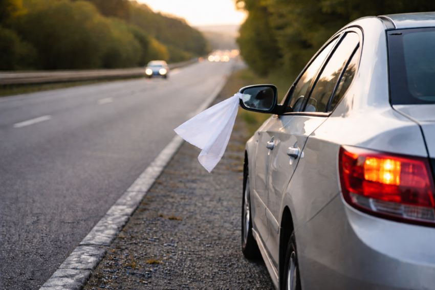 Pano branco no retrovisor de um carro. Crédito: Foto AI