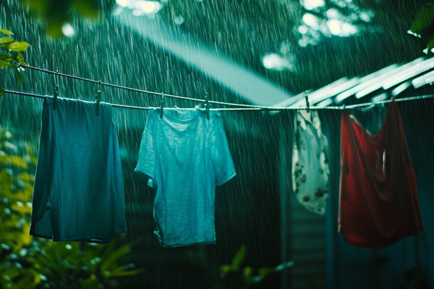 Roupa molhada em dias de chuva. Crédito: Freepik AI