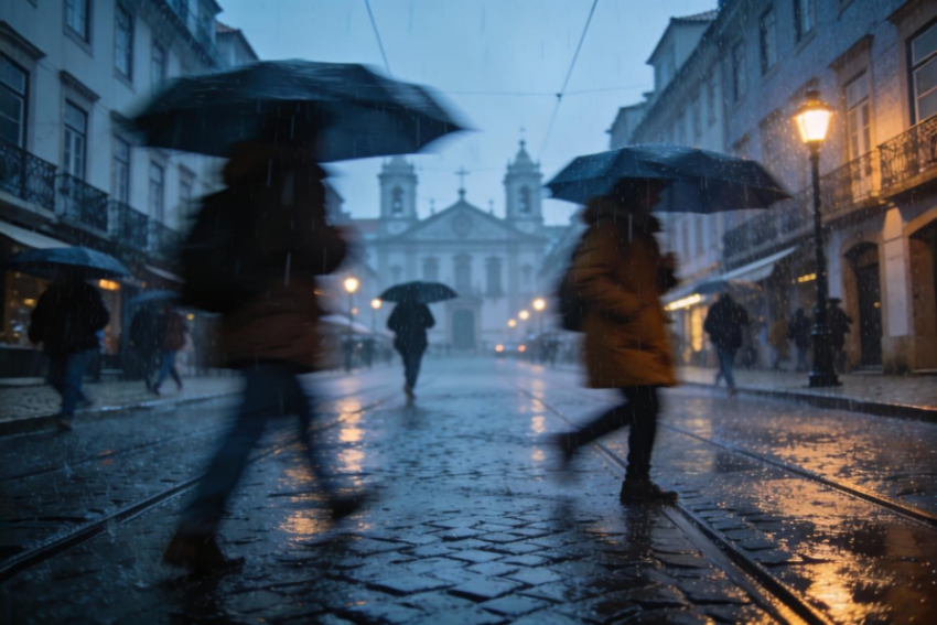 Pessoas a atravessar a rua à chuva. Crédito: Freepik AI