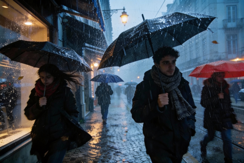 Pessoas a passear à chuva. Crédito: Freepik AI