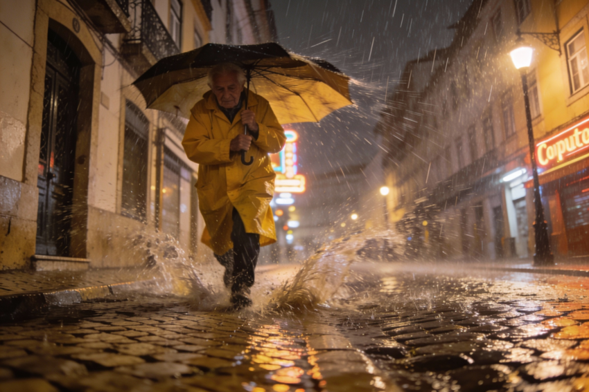 Homem à chuva, mau tempo em Portugal. Crédito: Freepik AI