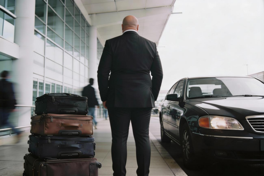 Homem com várias malas ao lado de um carro. Crédito: Freepik AI