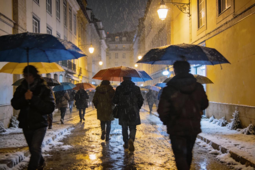 Várias pessoas com guarda-chuvas numa rua. Crédito: Freepik AI