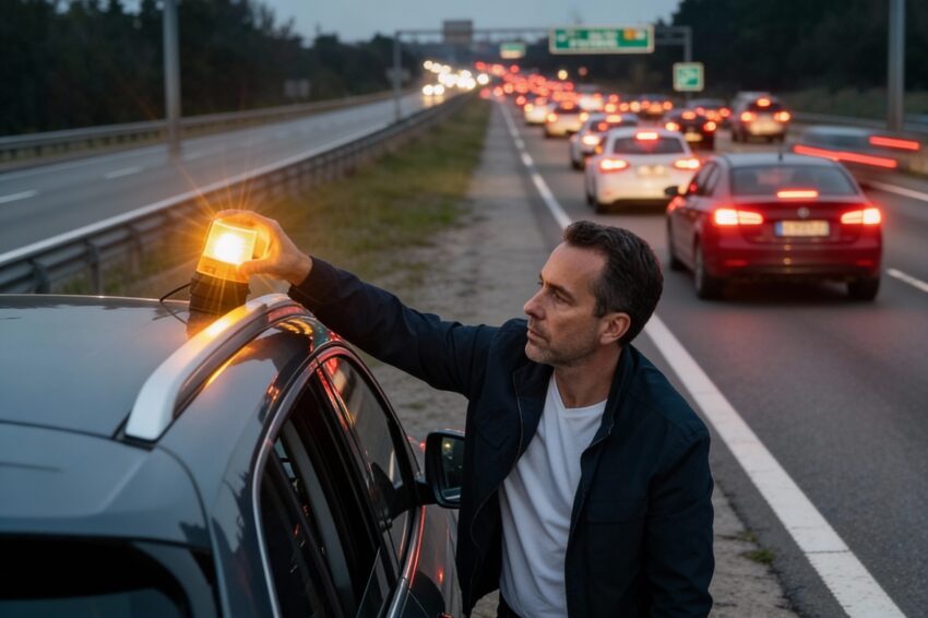 Homem a colocar a baliza V16 no carro.