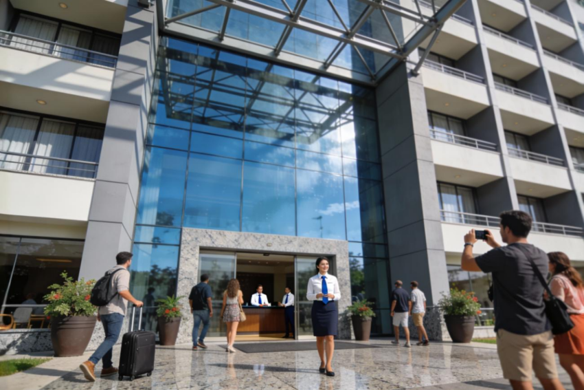 Entrada exterior de um hotel. Crédito: Freepik AI