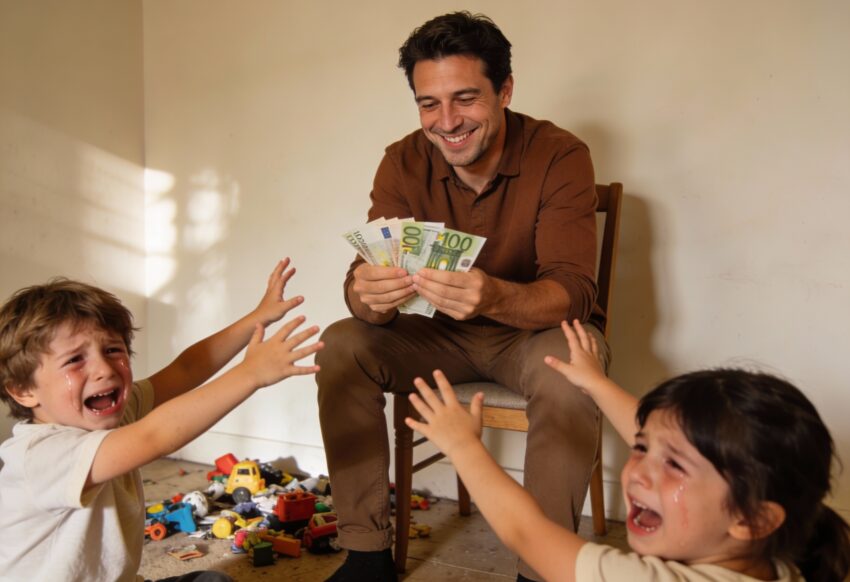 Pai a contar dinheiro à frente dos filhos. Crédito: Freepik AI