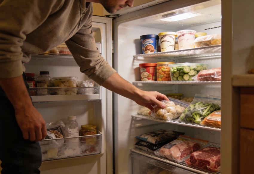 Homem a mexer no congelador. Crédito: Freepik AI