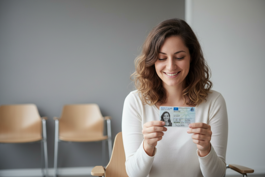 Mulher feliz a segurar o Cartão de Cidadão. Crédito: Freepik AI