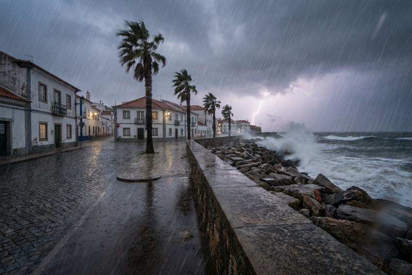 Tempestade numa cidade costeira. Crédito: Freepik AI