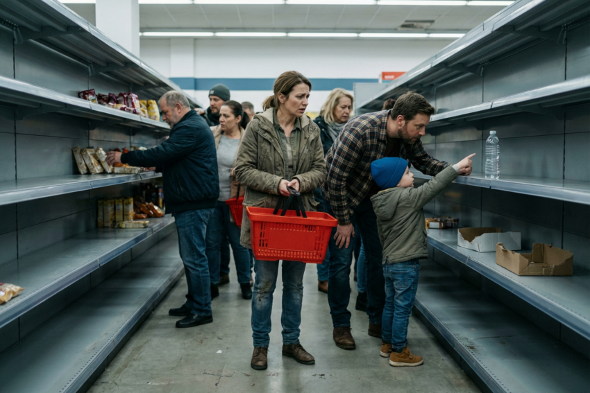 Prateleiras com falta de produtos num supermercado. Crédito: Freepik AI