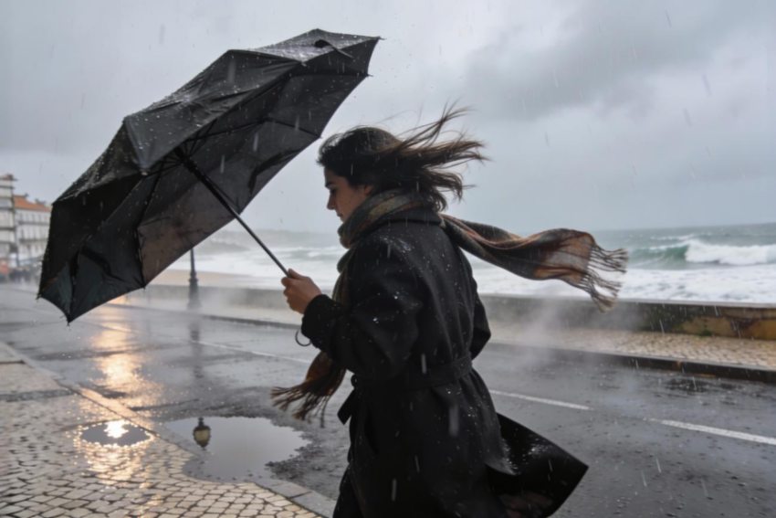 Mulher com guarda-chuva na rua. Crédito: Freepik AI