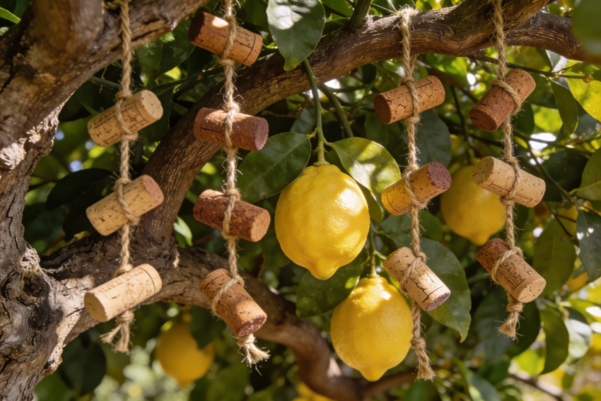 Rolhas de vinho num limoeiro. Crédito: Freepik AI