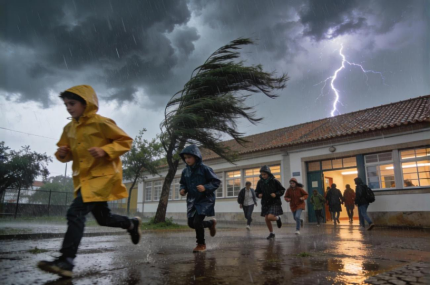 Crianças a sair da escola devido a mau tempo. Crédito: Freepik AI