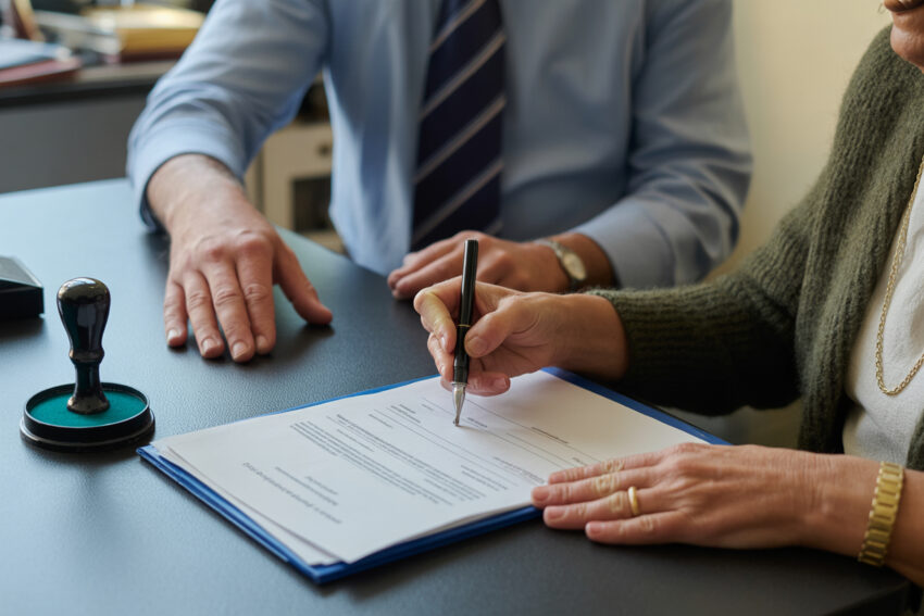 Idosa a assinar documento.