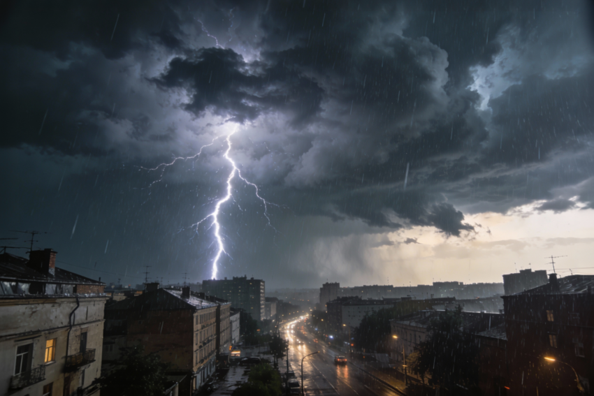 Cidade sob tempestade. Crédito: Freepik AI