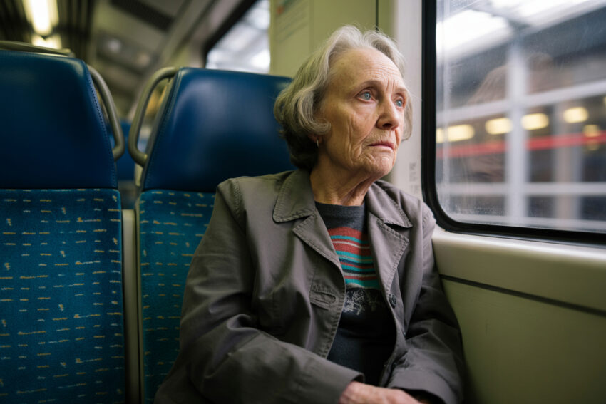 Idosa sentada num comboio.