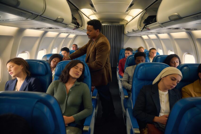 Avião com vários passageiros a dormir.