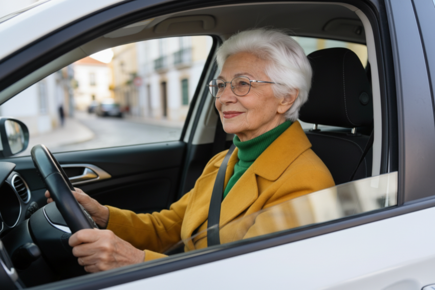 Condutora idosa no carro. Crédito: Freepik AI