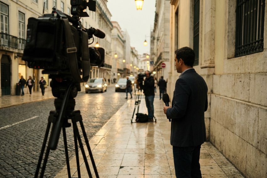 Repórter em preparação para um direto televisivo. Crédito: Freepik AI