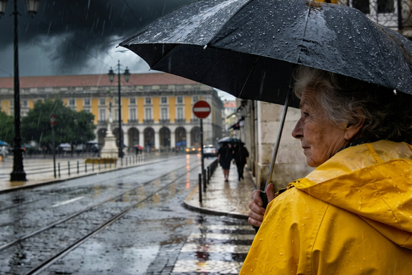 Idosa debaixo do guarda-chuva. Crédito: Freepik AI