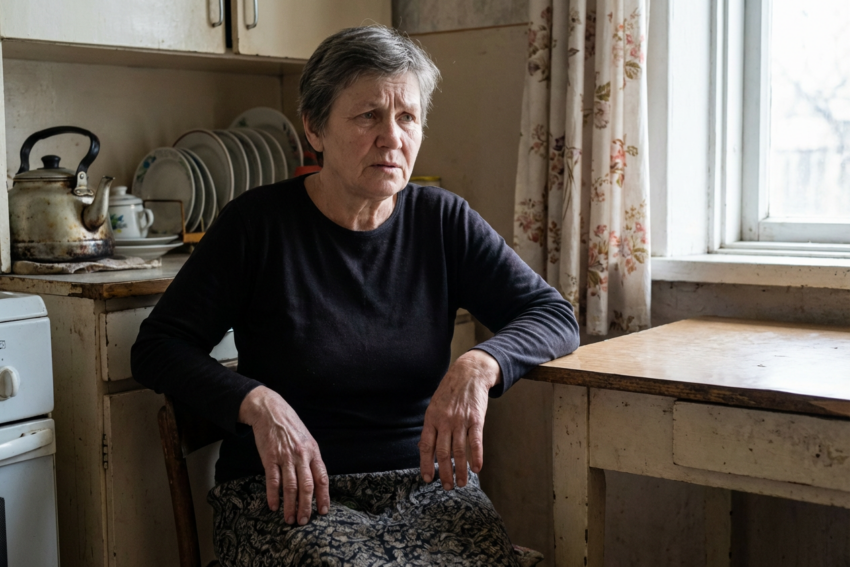 Idosa sentada na cozinha. Crédito: Freepik AI