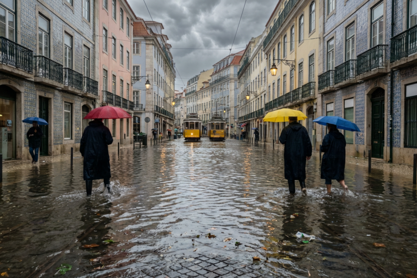 Pessoas circulam em rua inundada. Crédito: Freepik AI