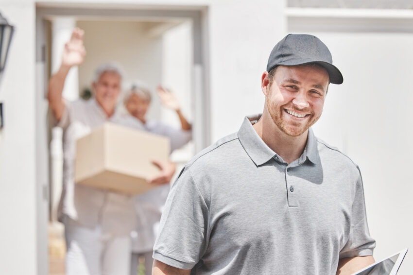 Entregador a sorrir após fazer uma entrega. Crédito: Freepik