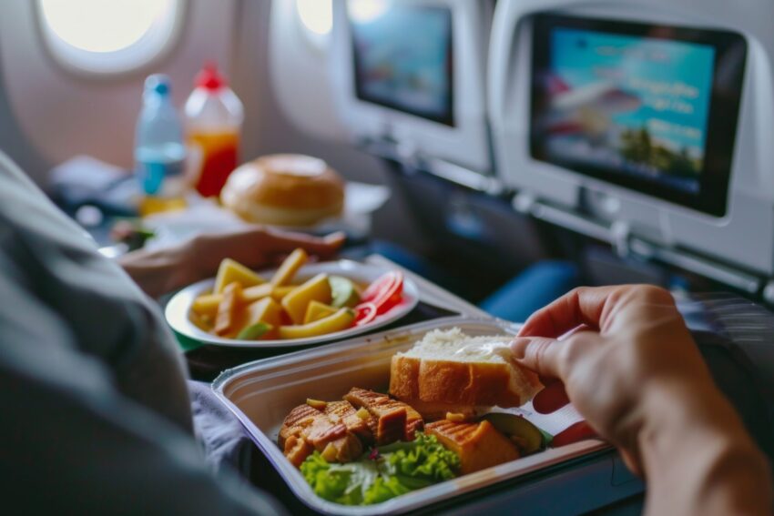 Homem a comer no avião.