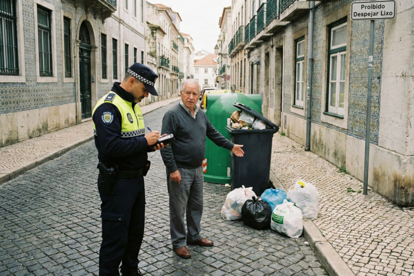 Polícia a multar cidadão por este ter deixado lixo fora do contentor. Crédito: Foto AI